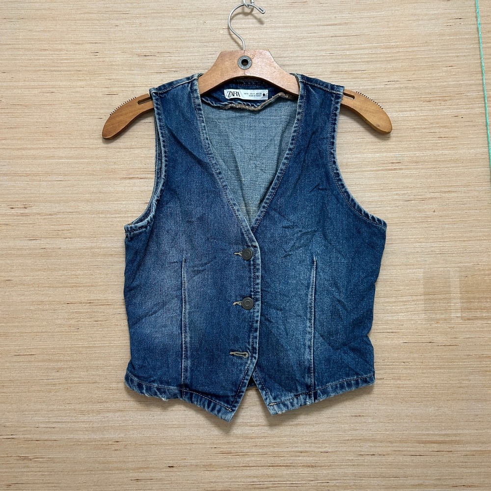 Zara Womens Blue Denim Waistcoat Vest Cinch Back Small S Distressed Hem
